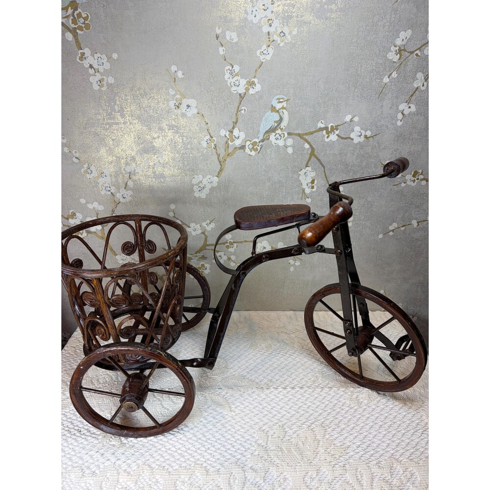 Vintage Wooden Tricycle Planter Wicker Basket Bike Flower Holder